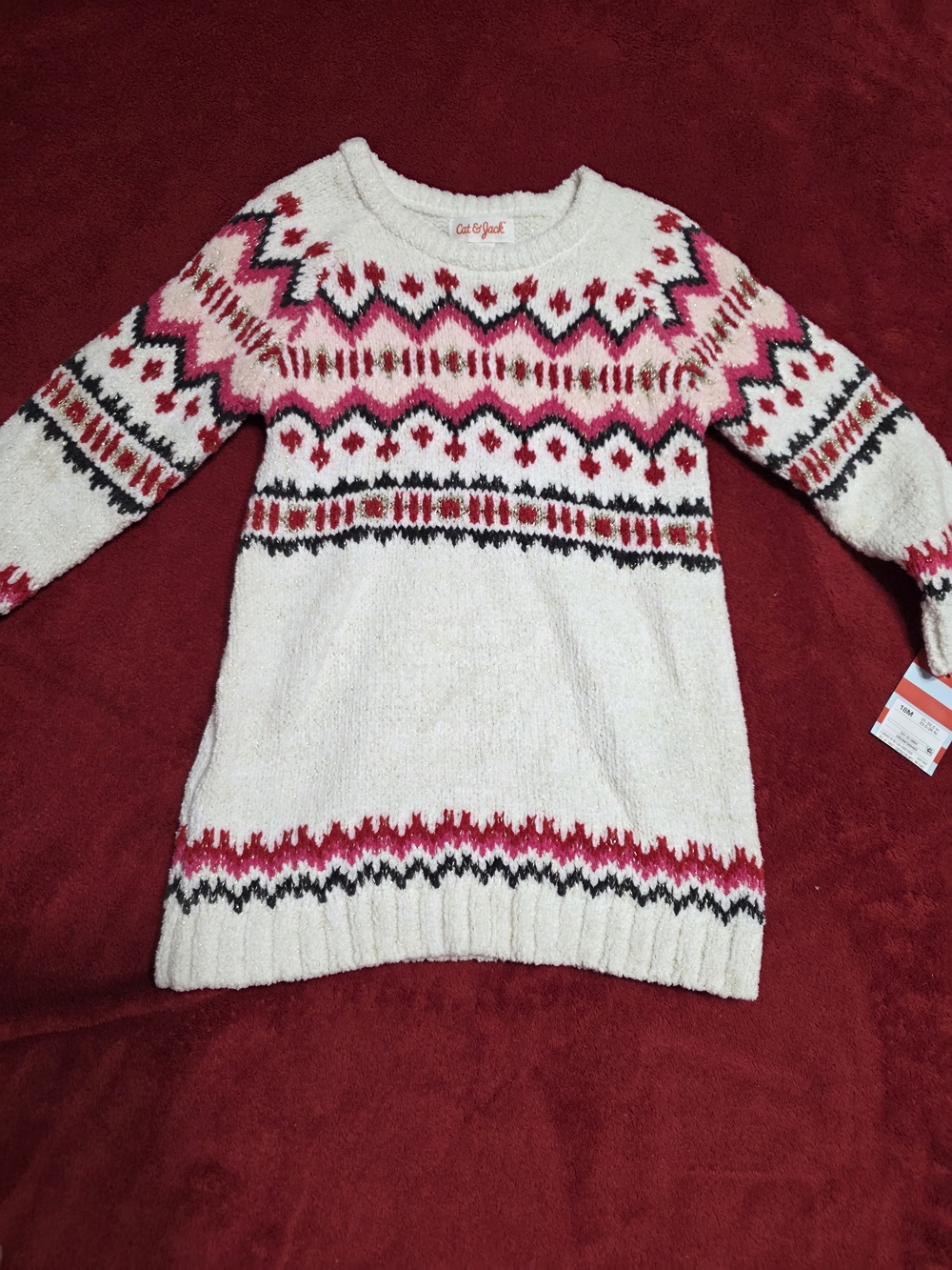 Cat & Jack Cream, Pink and Red Fair Isle Knit Sweater Dress